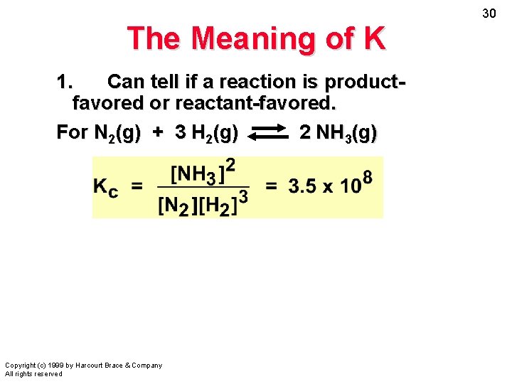 The Meaning of K 1. Can tell if a reaction is productfavored or reactant-favored.