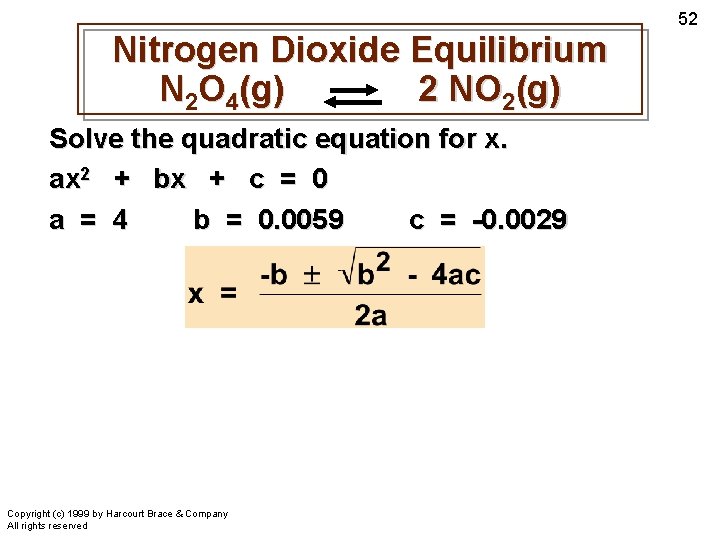 Nitrogen Dioxide Equilibrium N 2 O 4(g) 2 NO 2(g) Solve the quadratic equation
