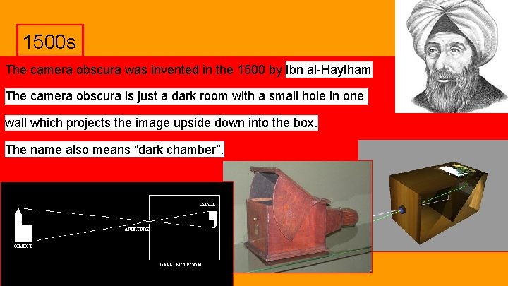 1500 s The camera obscura was invented in the 1500 by Ibn al-Haytham The