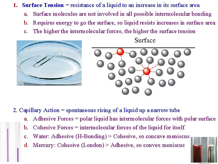 1. Surface Tension = resistance of a liquid to an increase in its surface