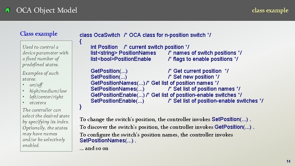 OCA Object Model Class example Used to control a device parameter with a fixed