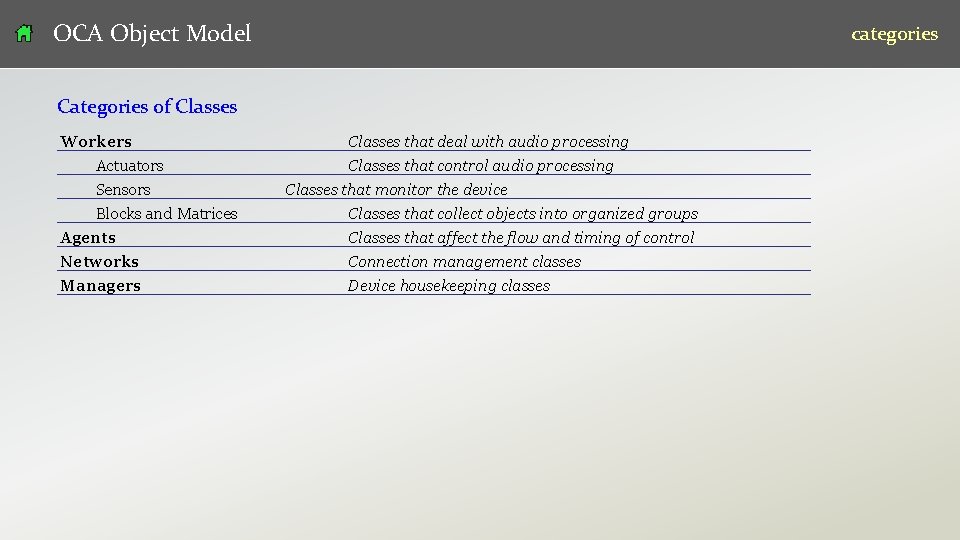 OCA Object Model categories Categories of Classes Workers Actuators Sensors Blocks and Matrices Agents
