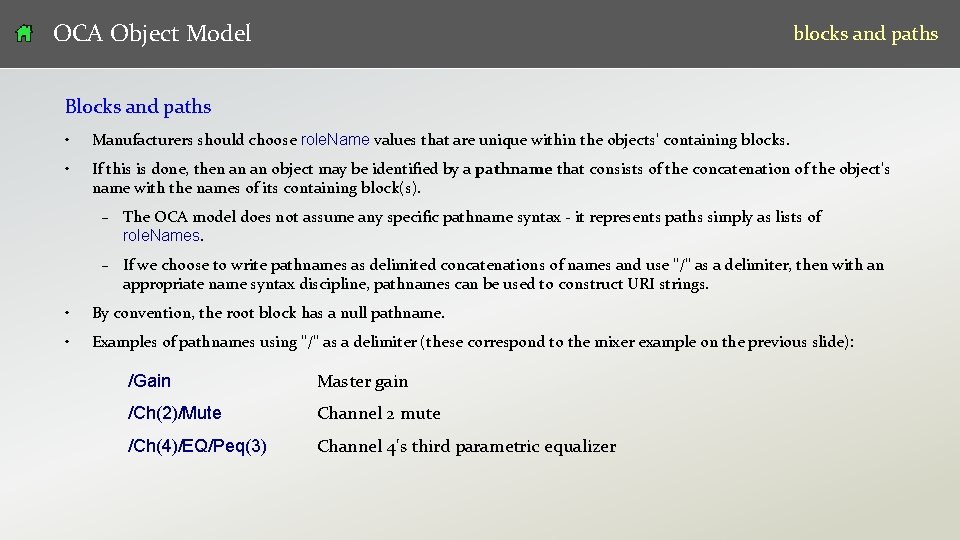 OCA Object Model blocks and paths Blocks and paths • Manufacturers should choose role.
