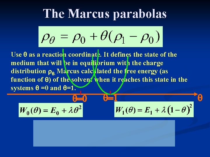 The Marcus parabolas Use q as a reaction coordinate. It defines the state of