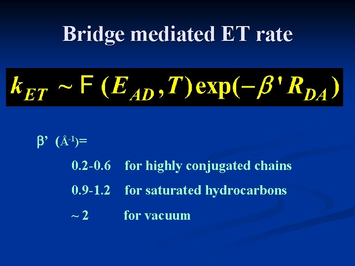 Bridge mediated ET rate b’ (Å-1)= 0. 2 -0. 6 for highly conjugated chains