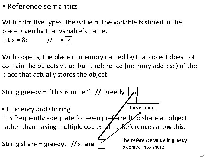  • Reference semantics With primitive types, the value of the variable is stored