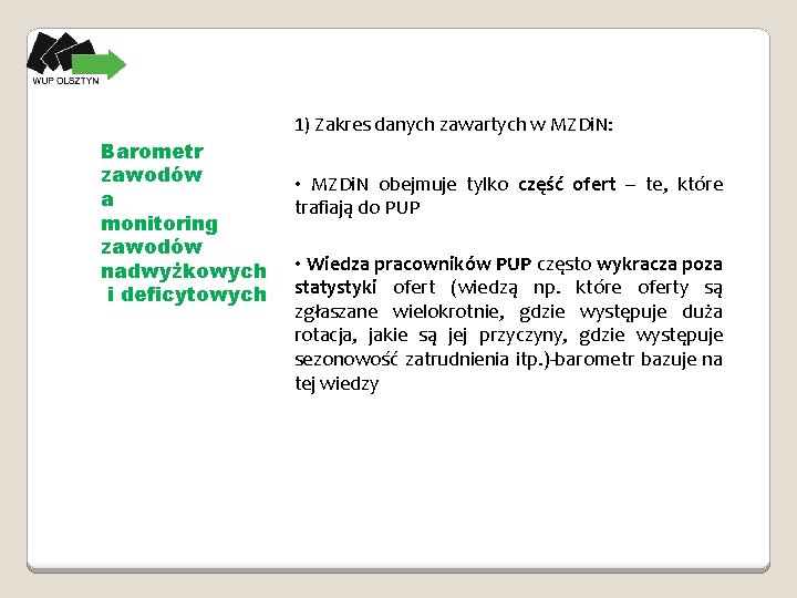 1) Zakres danych zawartych w MZDi. N: Barometr zawodów a monitoring zawodów nadwyżkowych i