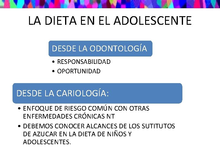 LA DIETA EN EL ADOLESCENTE DESDE LA ODONTOLOGÍA • RESPONSABILIDAD • OPORTUNIDAD DESDE LA