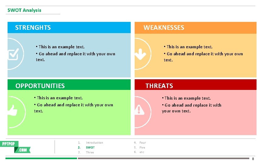 SWOT Analysis STRENGHTS WEAKNESSES • This is an example text. • Go ahead and
