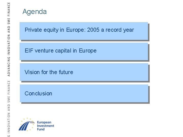 Agenda Private equity in Europe: 2005 a record year EIF venture capital in Europe