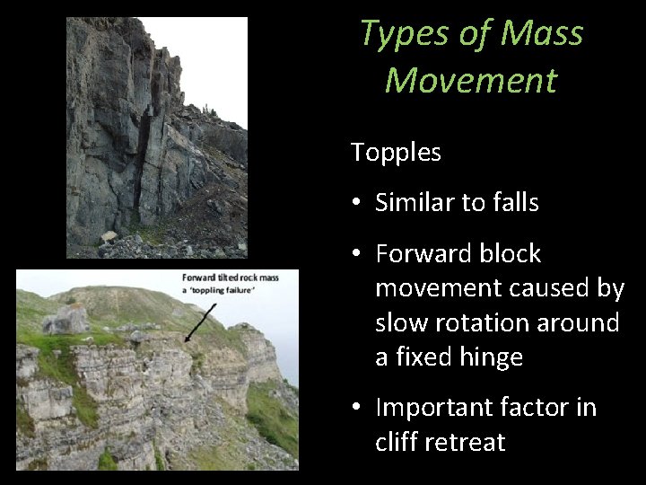 Types of Mass Movement Topples • Similar to falls • Forward block movement caused