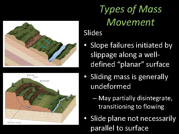 Types of Mass Movement Slides • Slope failures initiated by slippage along a welldefined