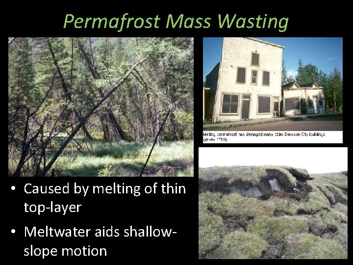 Permafrost Mass Wasting • Caused by melting of thin top-layer • Meltwater aids shallowslope