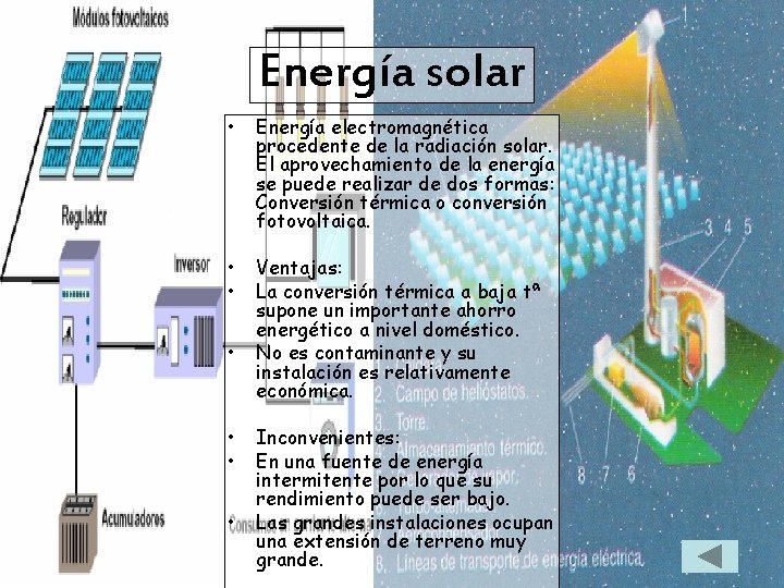 Energía solar • Energía electromagnética procedente de la radiación solar. El aprovechamiento de la