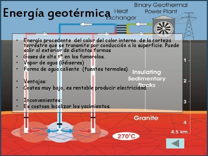 Energía geotérmica • • Energía procedente del calor interno de la corteza terrestre que