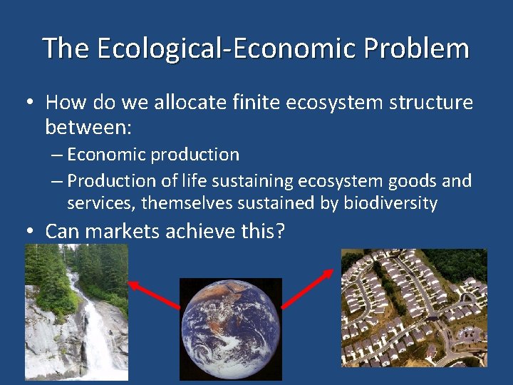 The Ecological-Economic Problem • How do we allocate finite ecosystem structure between: – Economic