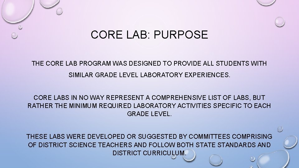 CORE LAB: PURPOSE THE CORE LAB PROGRAM WAS DESIGNED TO PROVIDE ALL STUDENTS WITH