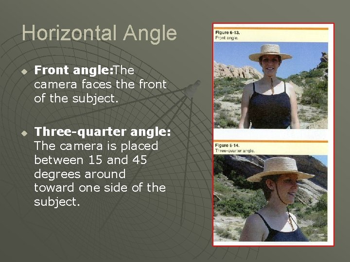 Horizontal Angle u u Front angle: The camera faces the front of the subject.