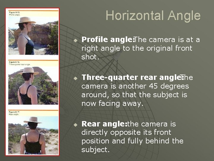 Horizontal Angle u u u Profile angle: The camera is at a right angle