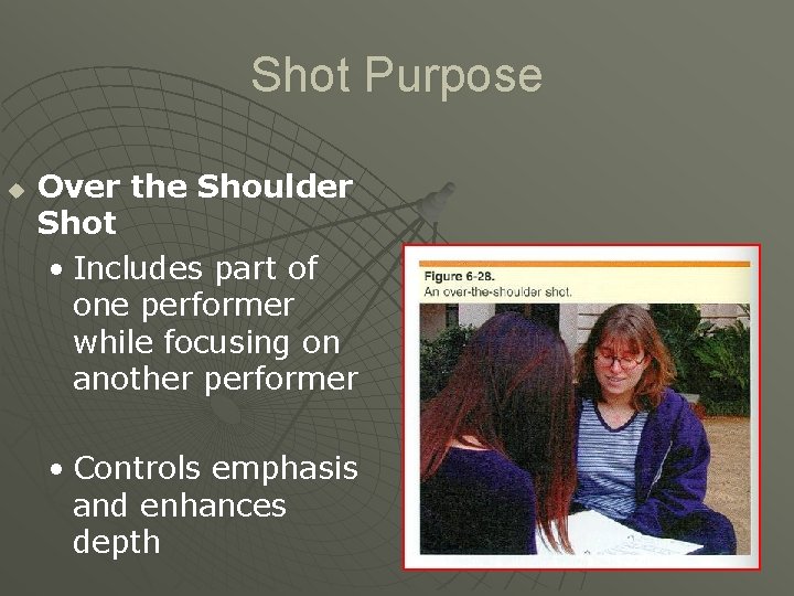 Shot Purpose u Over the Shoulder Shot • Includes part of one performer while