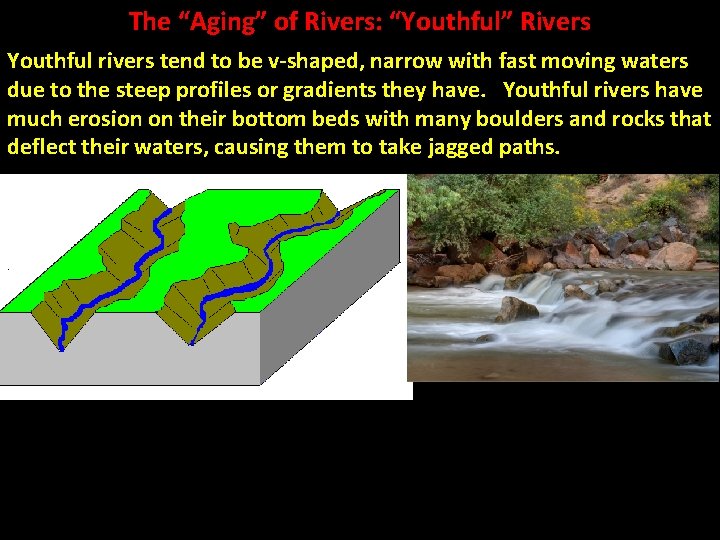 The “Aging” of Rivers: “Youthful” Rivers Youthful rivers tend to be v-shaped, narrow with