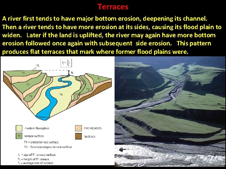 Terraces A river first tends to have major bottom erosion, deepening its channel. Then