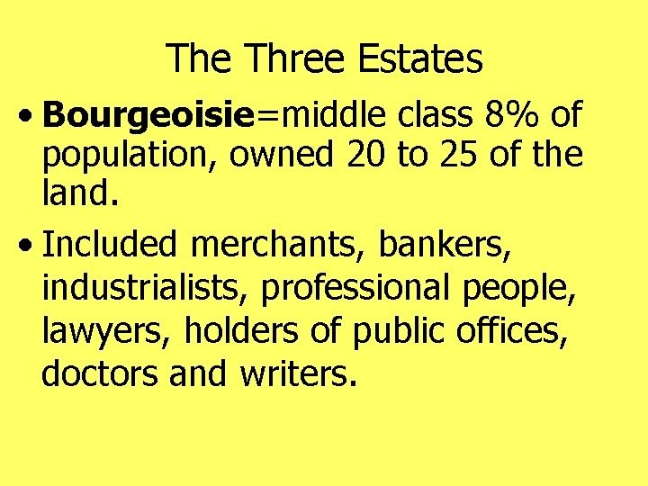 The Three Estates • Bourgeoisie=middle class 8% of population, owned 20 to 25 of