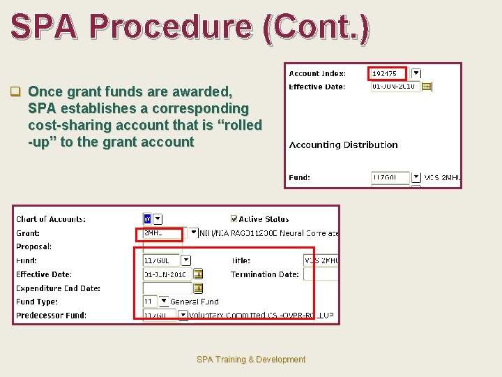 SPA Procedure (Cont. ) q Once grant funds are awarded, SPA establishes a corresponding