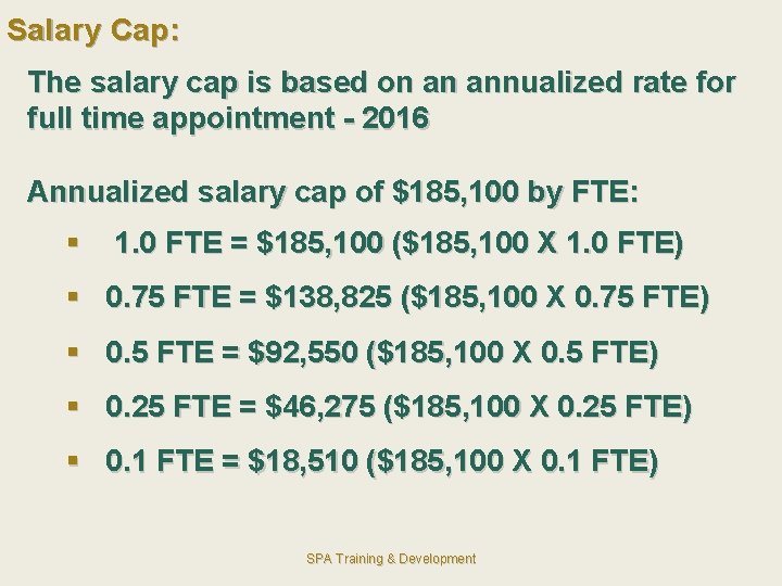 Salary Cap: The salary cap is based on an annualized rate for full time