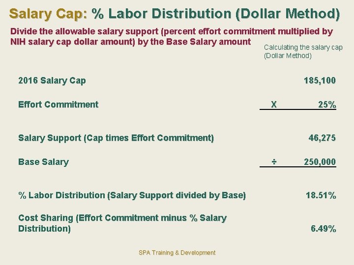 Salary Cap: % Labor Distribution (Dollar Method) Divide the allowable salary support (percent effort