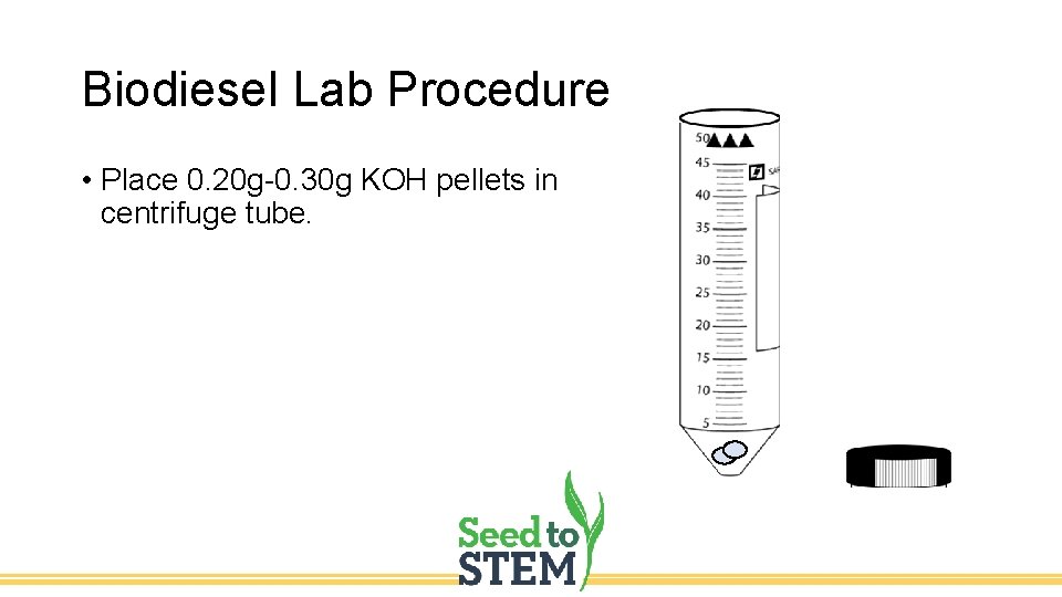 Biodiesel Lab Procedure • Place 0. 20 g-0. 30 g KOH pellets in centrifuge