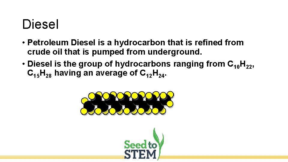 Diesel • Petroleum Diesel is a hydrocarbon that is refined from crude oil that
