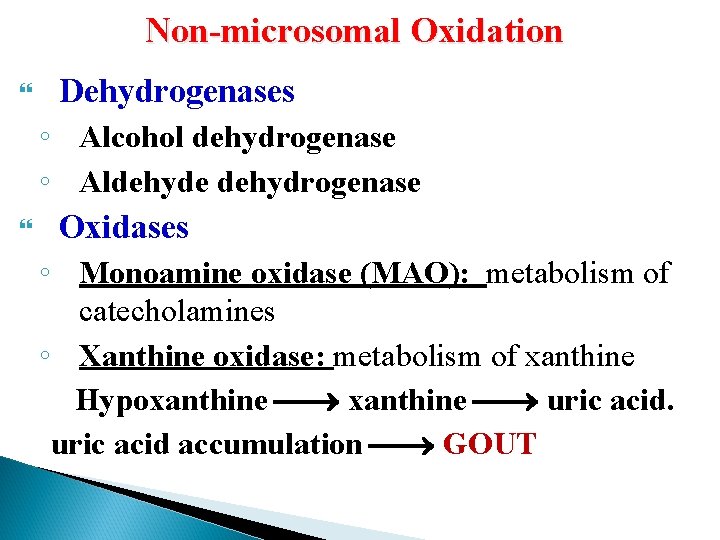 Non-microsomal Oxidation Dehydrogenases ◦ Alcohol dehydrogenase ◦ Aldehyde dehydrogenase Oxidases ◦ Monoamine oxidase (MAO):