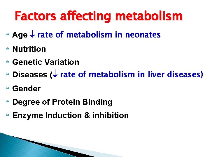 Factors affecting metabolism Age rate of metabolism in neonates Nutrition Genetic Variation Diseases (