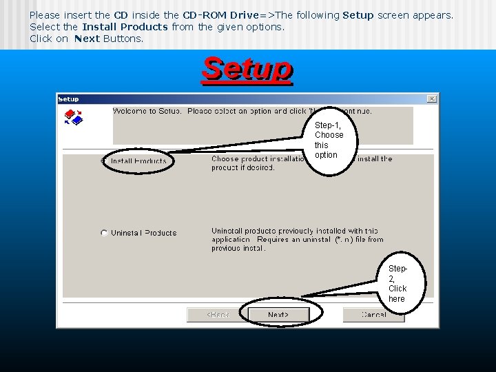 Please insert the CD inside the CD-ROM Drive=>The following Setup screen appears. Select the