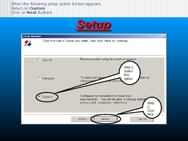 When the following setup option Screen appears, Select on Custom Click on Next Buttons