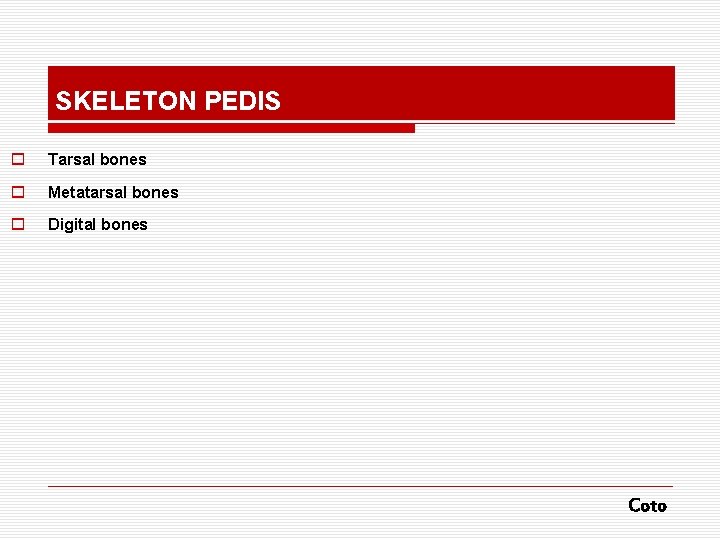 SKELETON PEDIS o Tarsal bones o Metatarsal bones o Digital bones Coto 