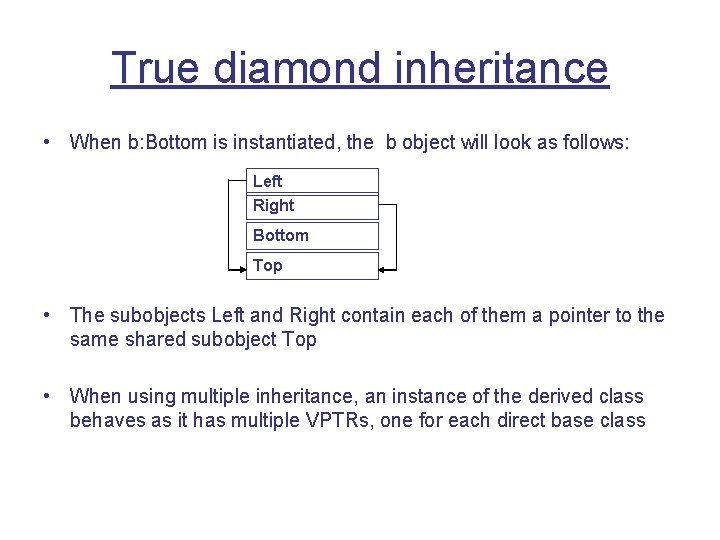 True diamond inheritance • When b: Bottom is instantiated, the b object will look