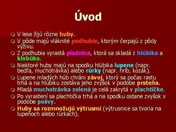 Úvod m m m m V lese žijú rôzne huby. V pôde majú vláknité