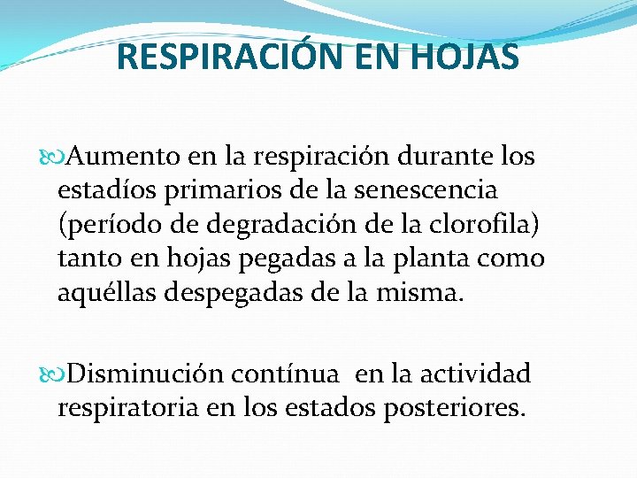 RESPIRACIÓN EN HOJAS Aumento en la respiración durante los estadíos primarios de la senescencia