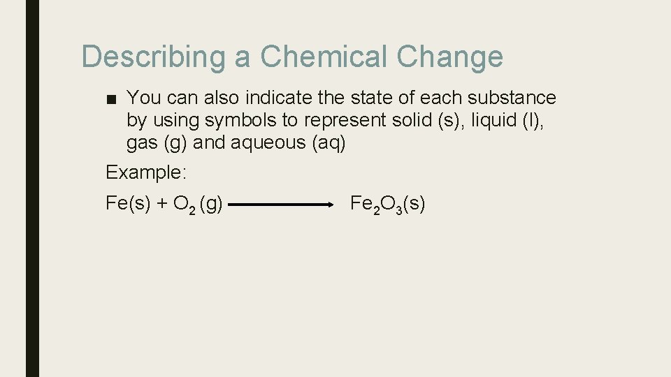 Describing a Chemical Change ■ You can also indicate the state of each substance