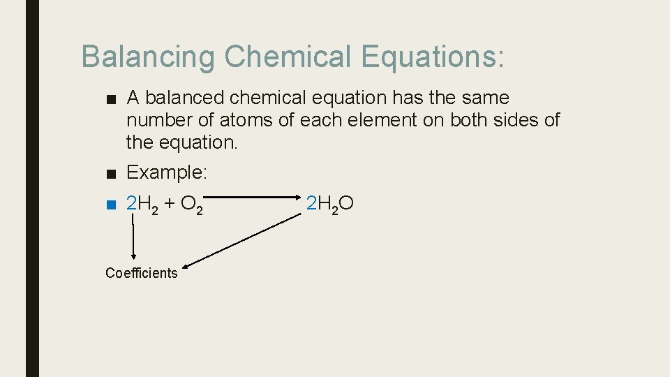 Balancing Chemical Equations: ■ A balanced chemical equation has the same number of atoms