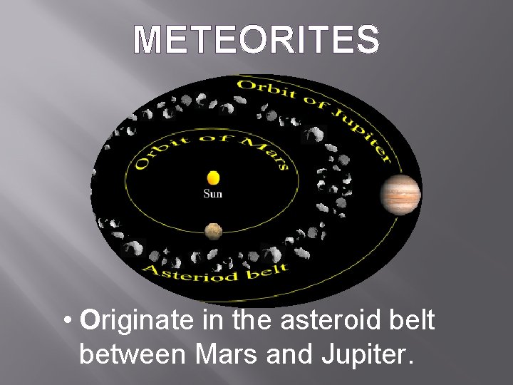 METEORITES • Originate in the asteroid belt between Mars and Jupiter. 