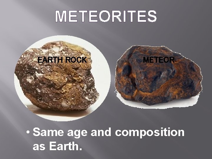 METEORITES EARTH ROCK METEOR • Same age and composition as Earth. 