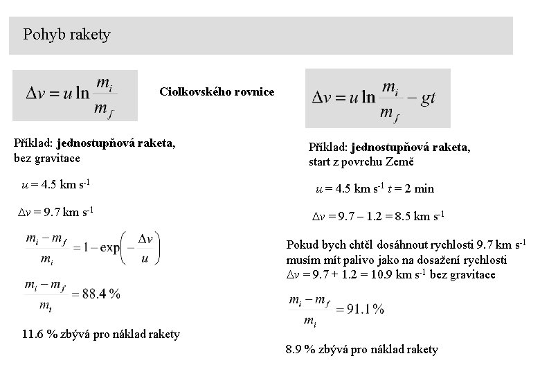 Pohyb rakety Ciolkovského rovnice Příklad: jednostupňová raketa, bez gravitace Příklad: jednostupňová raketa, start z