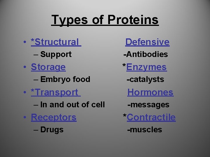 Types of Proteins • *Structural Defensive – Support -Antibodies • Storage – Embryo food