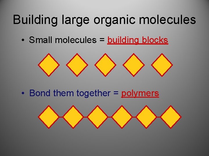 Building large organic molecules • Small molecules = building blocks • Bond them together