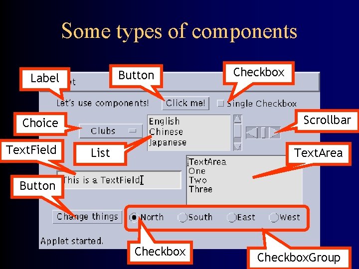 Some types of components Button Label Scrollbar Choice Text. Field Checkbox List Text. Area
