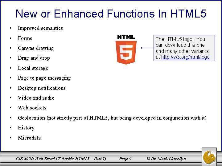 New or Enhanced Functions In HTML 5 • Improved semantics • Forms • Canvas
