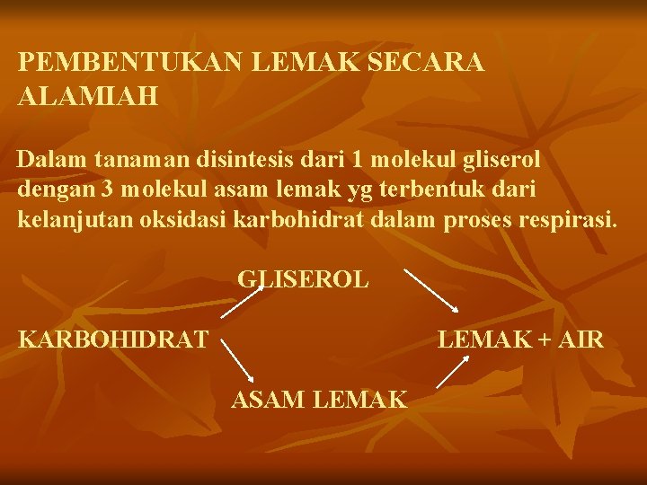 PEMBENTUKAN LEMAK SECARA ALAMIAH Dalam tanaman disintesis dari 1 molekul gliserol dengan 3 molekul